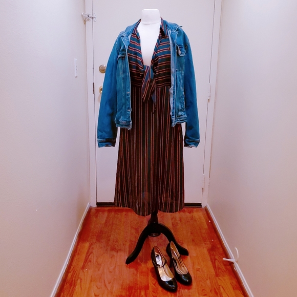 Fall Green Pinstripe Midi Length Evening Dress - Picture 3 of 5